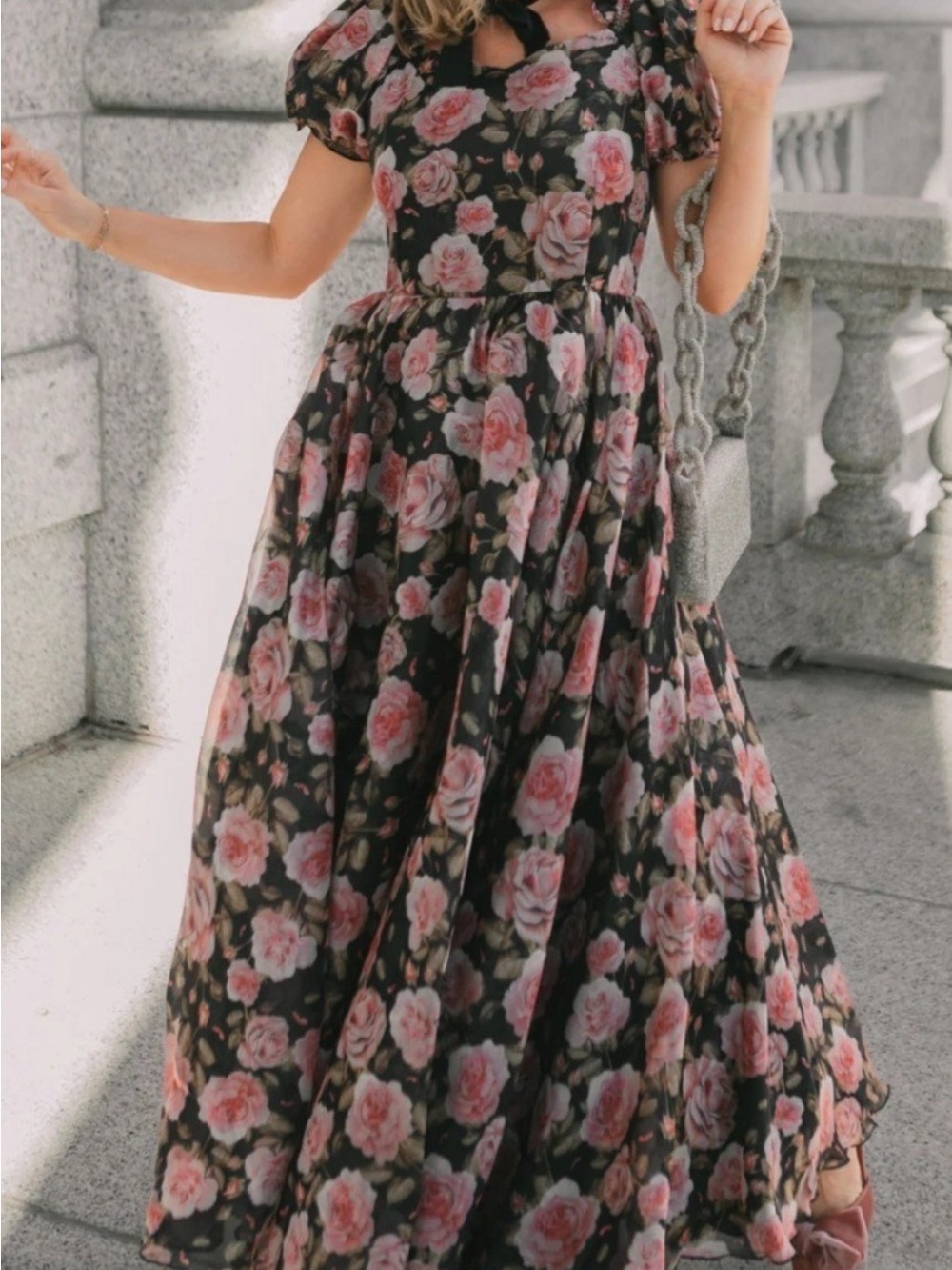 Ivy City Co Black Maxi Dress with Pink Rose Print melody dress size large